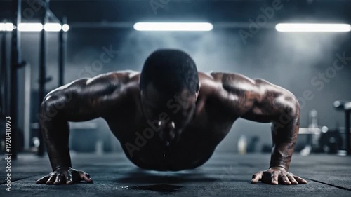 Athlete performing push ups fitness exercise in gym