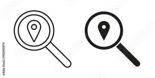 Search Location icon style design pack on white background. Thin line and clipart style