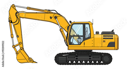 Yellow Excavator Digger Vector Illustration, Construction Equipment Heavy Machinery