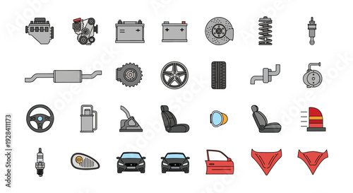 Car Parts and Auto Repair Icons Set, Vehicle Spare Components Collection