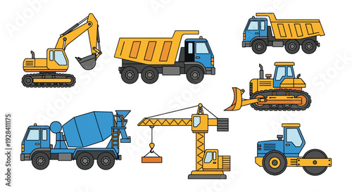 Construction Vehicles Set Vector Illustration, Excavator Dump Truck Crane Mixer Bulldozer Roller