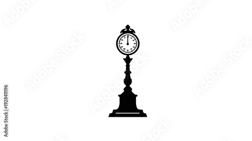 Ornate vintage public clock silhouette illustration, isolated black icon representing time and traditional street furniture.