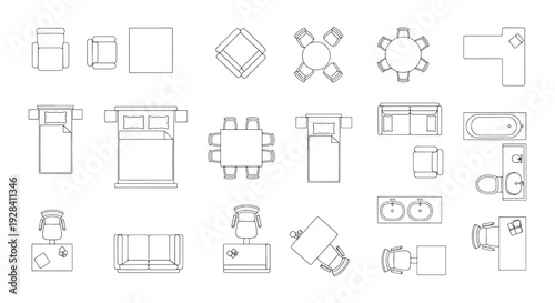 Furniture Floor Plan Icons Top View, Bedroom Living Room Dining Bathroom Fixtures Outline
