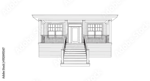 Front Porch House Elevation Line Drawing, Residential Architecture Facade Blueprint Outline Vector