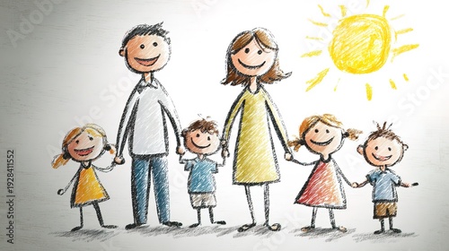 Child drawing of happy big family under sun, hand drawn figures of parents and children, concept of love support family warmth and happy childhood