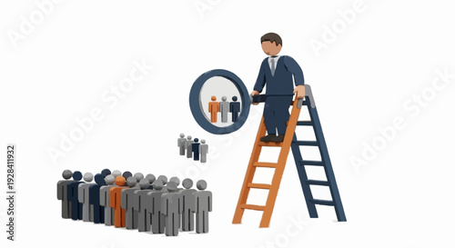 Business recruitment concept with man on ladder examining figures through magnifying glass