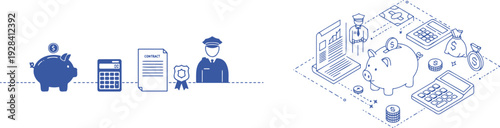 Conceptual illustration of financial planning and educational investment featuring a piggy bank with coins calculator diploma and graduation cap symbolizing savings for future academic success