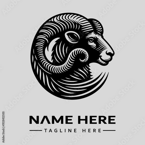 A black and white illustration of a ram's head in a circular frame with a vintage engraving style and a placeholder for a name and tagline on a light gray background.