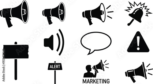Collection of black and white marketing and announcement icons