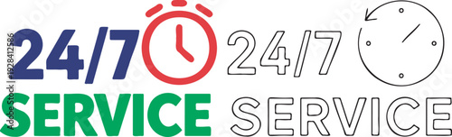 Vibrant 247 service emblem with clock icons and bold typography in green and blue representing continuous availability and dedication ideal for business branding and support services