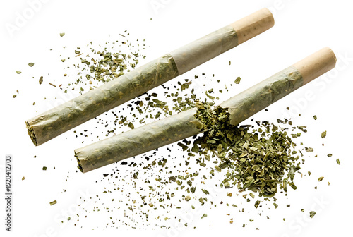 Two rolled cannabis joints with marijuana buds and herb on white background for wellness and relaxation concept