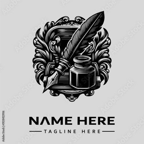 A vintage-style illustration of a quill pen, inkwell, and nib surrounded by ornate floral patterns and scrollwork, with a placeholder text for logo customization in a classic, elegant