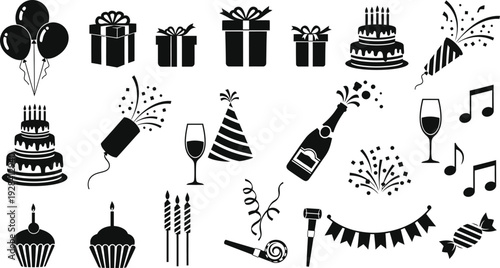 Black and white illustration of various birthday party icons and symbols