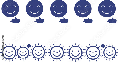 Collection of cheerful smiling sun and face icons with speech bubbles representing happiness and communication set perfect for conveying positive emotions and ideas