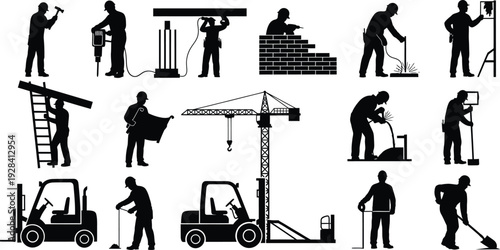 Construction workers engaged in various activities silhouettes