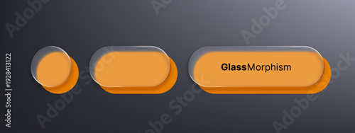 Three glass morphism shapes with orange filling. Liquid glass effect vector for ui design. Modern translucent interface element for web, app development.
