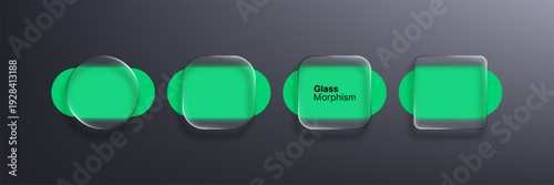 Four liquid glass morphism vector frames with transparent effect over green circles. User interface design and abstract web element.
