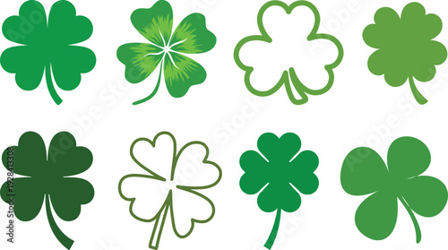 Minimalist shamrock botanical vectors flat vector pack with various shades green classic three-leaf shamrock lucky four-leaf clover heart-shaped clover leaf botanical wreath small clovers single stem