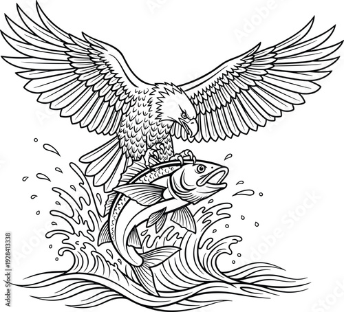 Black and white eagle catching fish illustration, detailed wildlife predator scene, tattoo style line art vector design isolated on white background