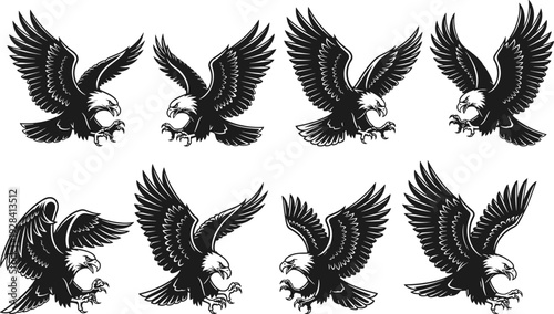 Black and white eagle vector collection, detailed flying bird illustrations, tattoo style wildlife design set, bold line art isolated on white background