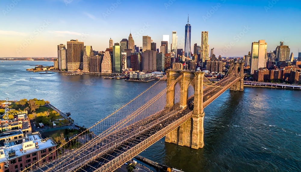 Fototapeta premium Brooklyn Bridge and Manhattan Skyline at Sunset, New York City.
