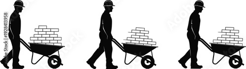 Construction worker silhouettes pushing wheelbarrow with bricks, industrial labor vector illustration isolated in black and white building theme