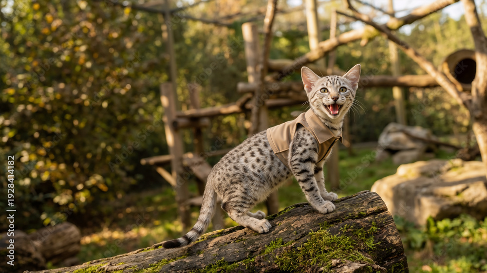 Obraz premium Spotted Savannah kitten wearing a tan vest on a mossy log. Vocalizing young cat in an outdoor enclosure. Feline pet in nature setting
