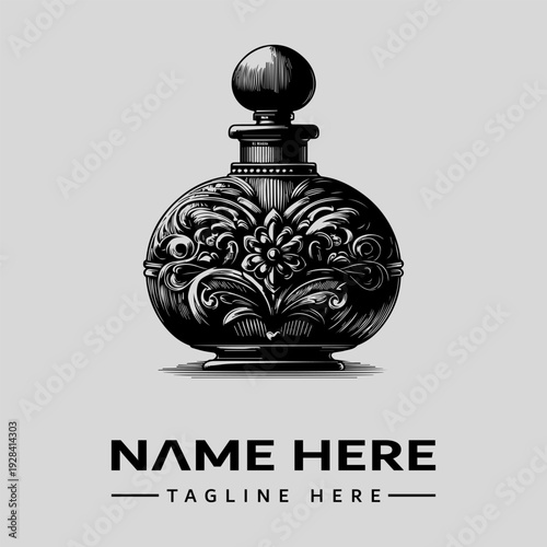 Black and white vintage engraving of a perfume bottle with floral patterns and a wooden stopper on a light gray background with space for a name and tagline.