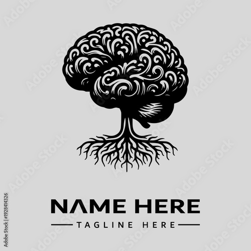 A black and white illustration of a stylized brain with roots, resembling a tree, against a light gray background, incorporating a logo design with placeholder text.