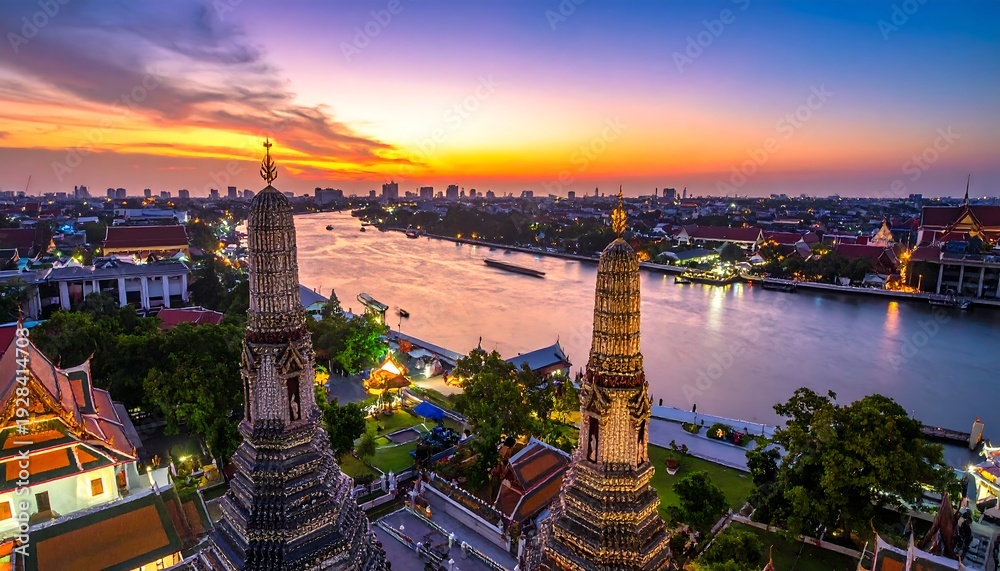 Obraz premium Bangkoks Chao Phraya River at Sunset - A Stunning Aerial View.