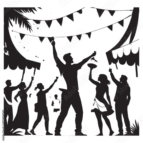 People celebrating at beach party with palm trees and bunting  People enjoying a vibrant beach party with Ferris wheel and palm trees