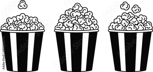 Popcorn bucket silhouettes set, cinema snack vector illustration isolated in black and white movie theater design style