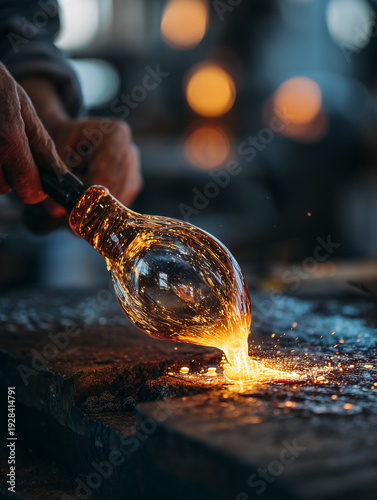 Molten glass being shaped by artisan hands glowing with intense heat and sparks in dark workshop in dramatic craft photography style
