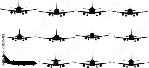 Set Of Black Airplane Silhouettes Featuring Front View Commercial Passenger Jets And Side Profile Aircraft For Aviation Travel Tourism Transportation And Aerospace Industry Graphic Designs