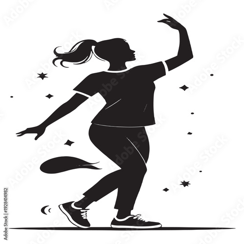 Modern t-shirt design with stylish black graphic on white background  Elegant woman dancing with arms raised in dynamic pose