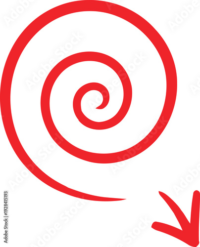 Red spiral shape with arrow in simple minimalist design on white background for graphic element