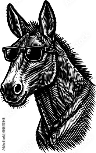 Mule Wearing Sunglasses Vintage Woodcut Engraving Vector Art Isolated Illustration for Logo and Branding