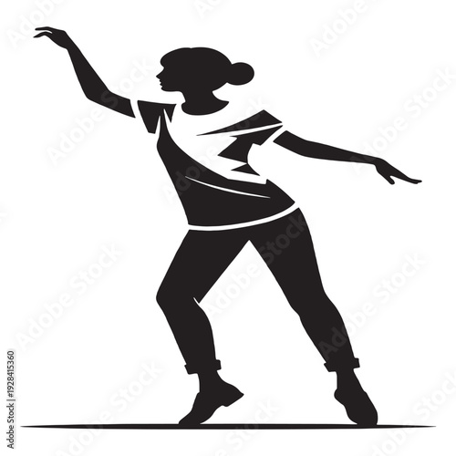 Modern t-shirt design with stylish black graphic on white background  Elegant woman dancing with arms raised in dynamic pose