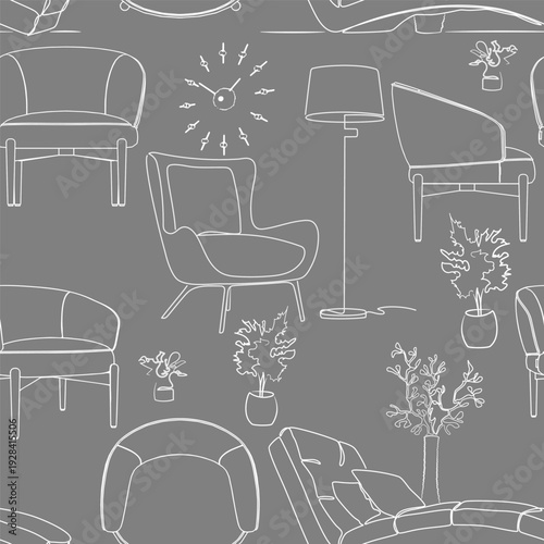 Furniture, lamps and plants for the home. Seamless pattern. White contour on gray background. Vector illustration. Endless texture can be used for printing onto fabric and paper or scrap booking.