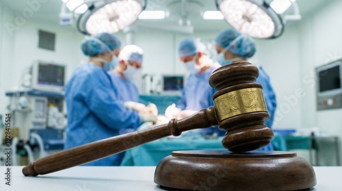 Wooden gavel in foreground with blurred surgical team in operating room, representing medical malpractice and healthcare law concept
