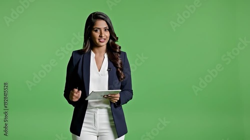 A woman in a navy blazer stands before a green screen, holding a tablet