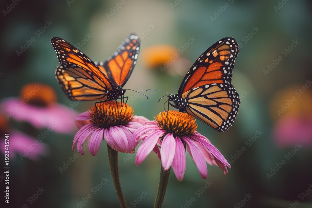Fototapeta premium Close-up of monarch butterflies on a pink coneflower with warm daylight