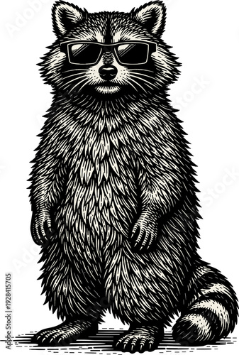 Funny Raccoon Wearing Sunglasses Standing Vector Illustration Woodcut Engraving Style Wildlife Character Design