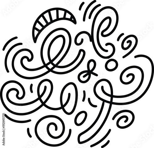 Abstract Swirl Pattern in Black Line Art with Dynamic Movement on White Background for Graphic Design