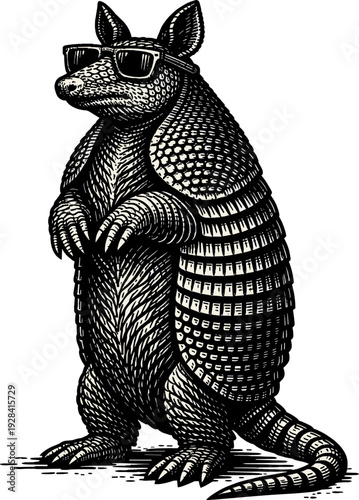 Cool Nine Banded Armadillo Wearing Sunglasses Vector Illustration Standing Woodcut Engraving Style Art Piece
