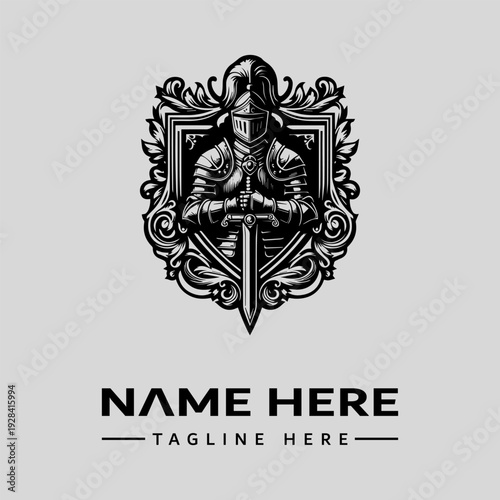 A vintage-style woodcut illustration of a knight in armor holding a sword, surrounded by ornate floral patterns and foliage, with a shield and the text 'NAME HERE' and 'TAGLINE HERE' below.