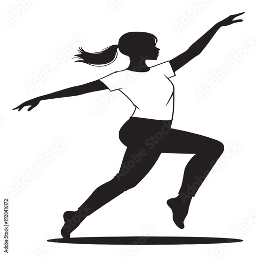 Modern t-shirt design with stylish black graphic on white background  Elegant woman dancing with arms raised in dynamic pose