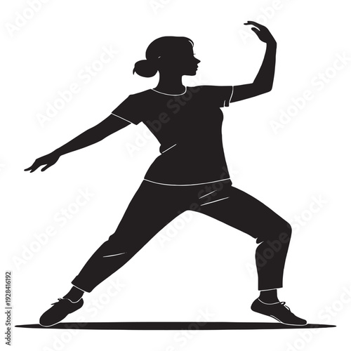 Modern t-shirt design with stylish black graphic on white background  Elegant woman dancing with arms raised in dynamic pose