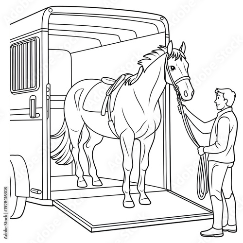 Man leading horse into trailer isolated on transparent background.