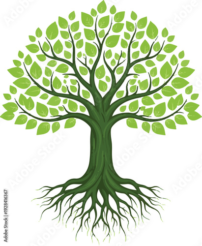Green Tree of Life with Deep Roots and Lush Leaves, Stylized Vector Illustration of Growth and Heritage